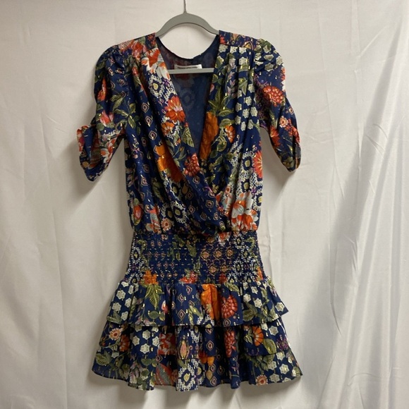 Amanda Uprichard Floral Metallic Smocked Waist Mini Dress Blue/Orange Sz Small